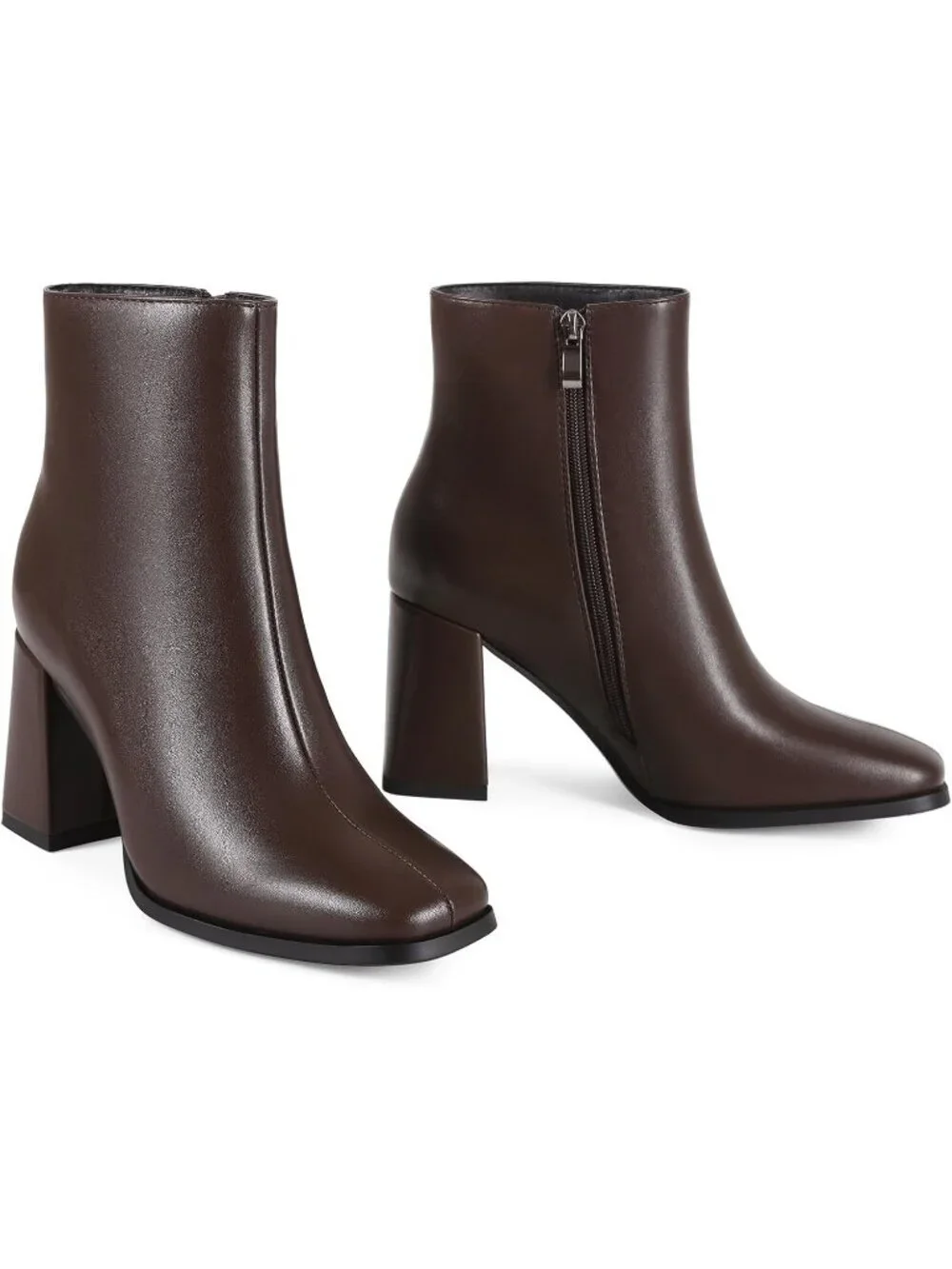 Women’s Brown Square Toe Ankle Boots Chunky Block Heel Short Dressy Booties